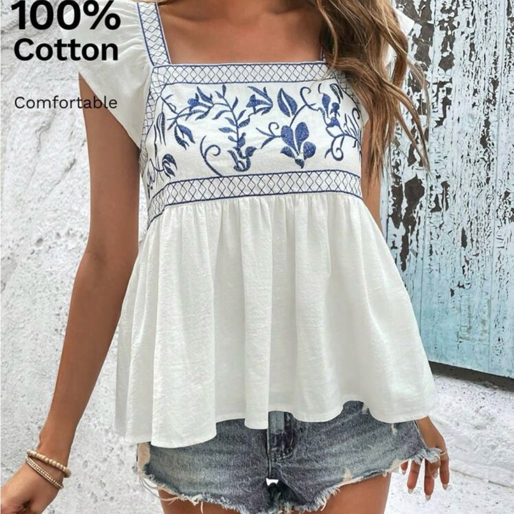 SHEIN NWT Embroidered White and Blue Women's Top